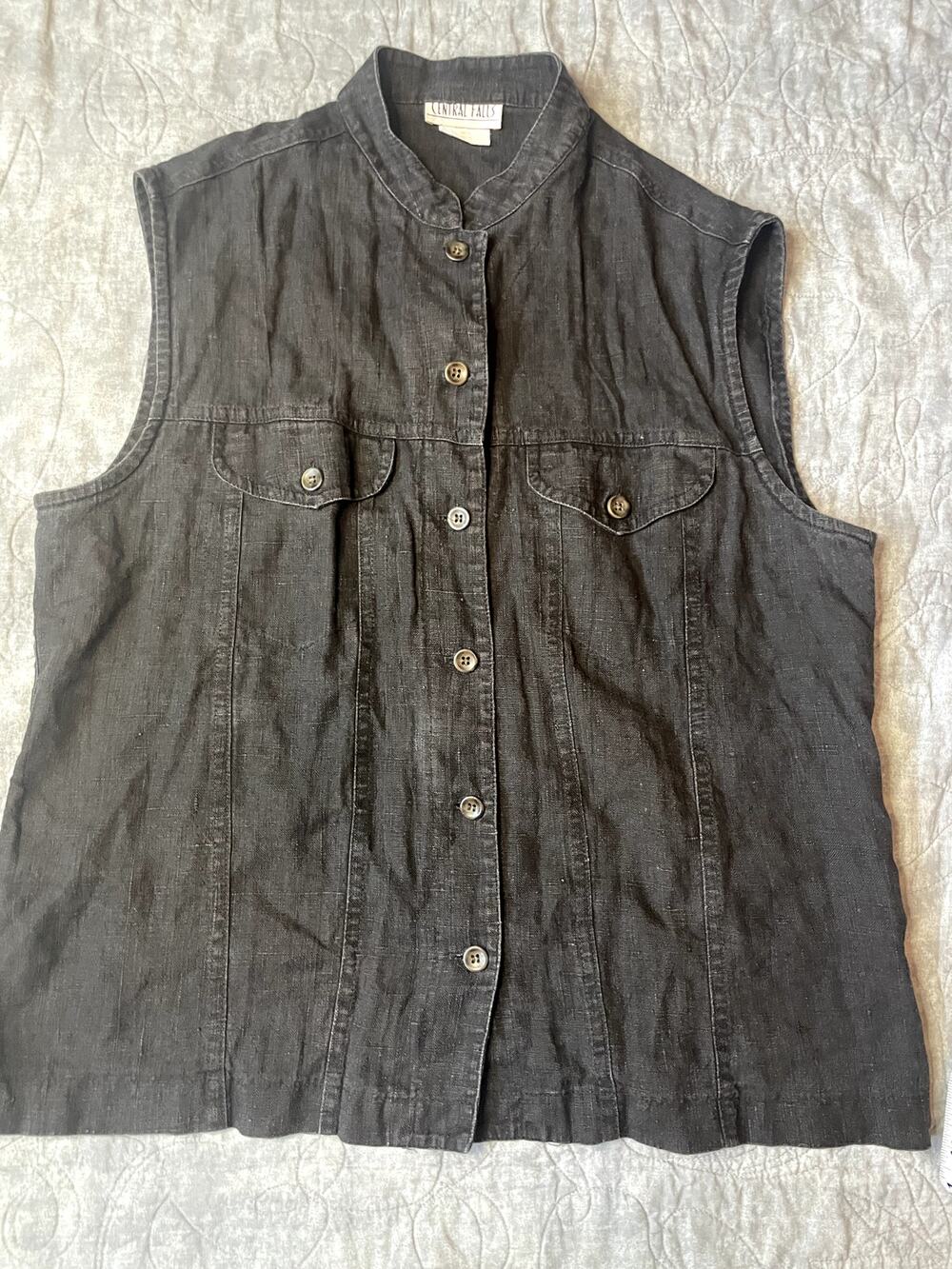 Vintage Central Falls Washed Black 100% Linen Sleeveless Utility Shirt L 18022